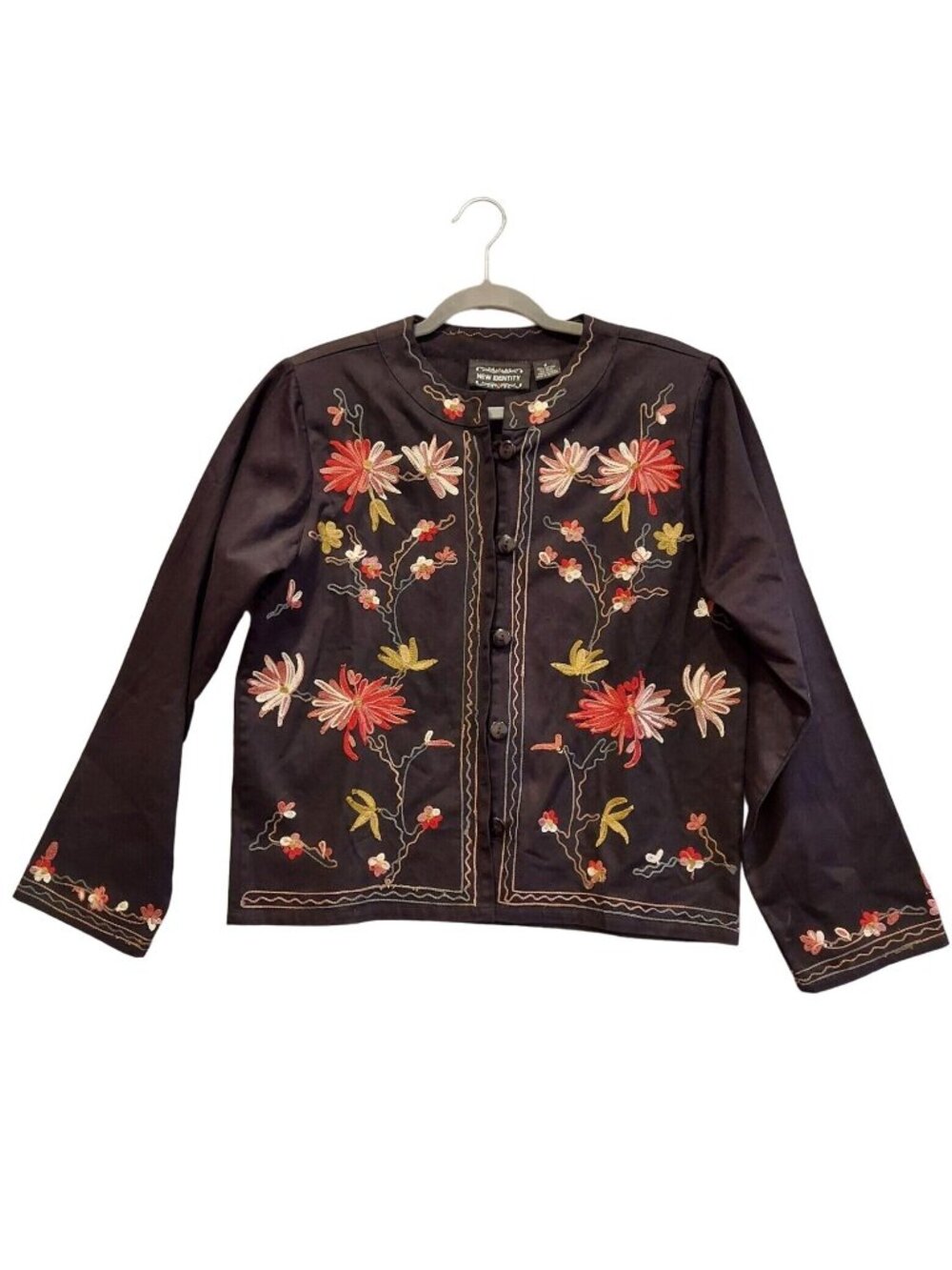 New Identity Jacket Womens M Black Floral Embroidery Artsy Art T Wear Boho retro